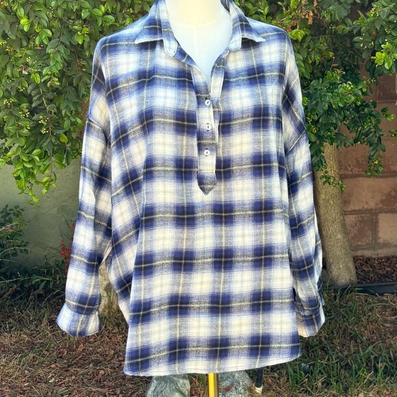 A Shirt Thing Diego Plaid Popover Blue White  M L Relaxed Luxe Slouchy Shirt - Picture 1 of 8